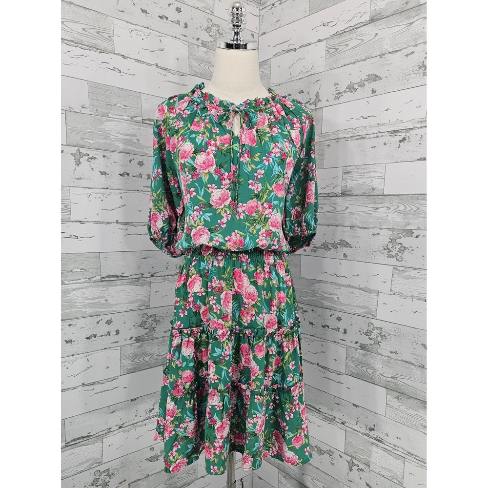 Sugar Magnolia Womens Large Green Floral Smocked Tiered Dress